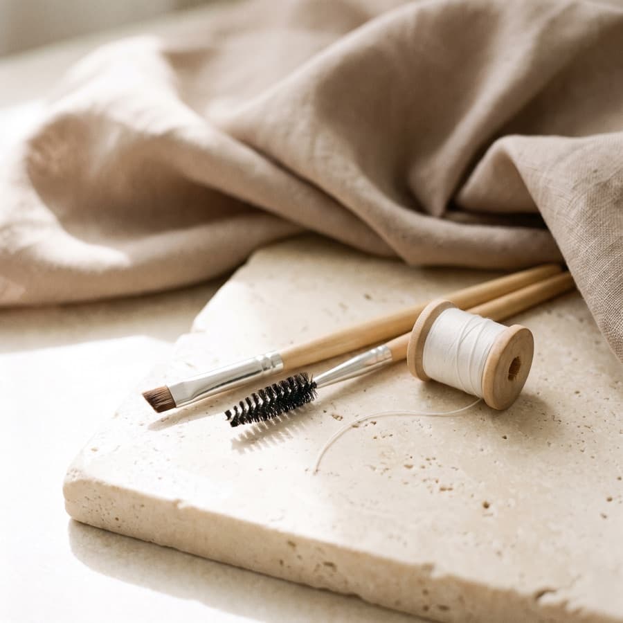 A brow brush, spoolie and small spool of cotton threading thread arranged on a travertine tray beside folded linen.