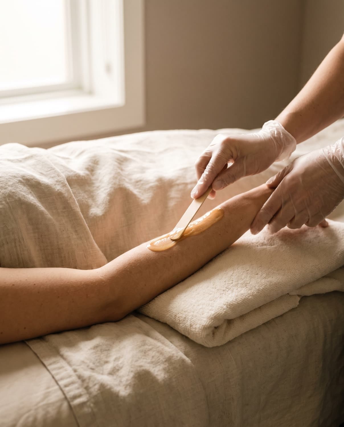 An esthetician smoothing warm honey-coloured wax along a client's forearm with a wooden spatula.